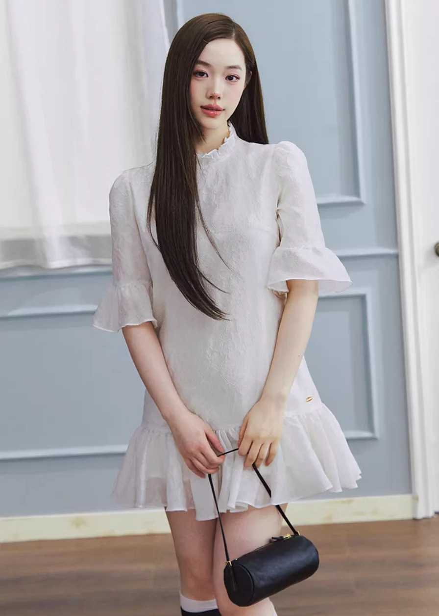 White Tide Ruffle Jacquard Dress - Image 12