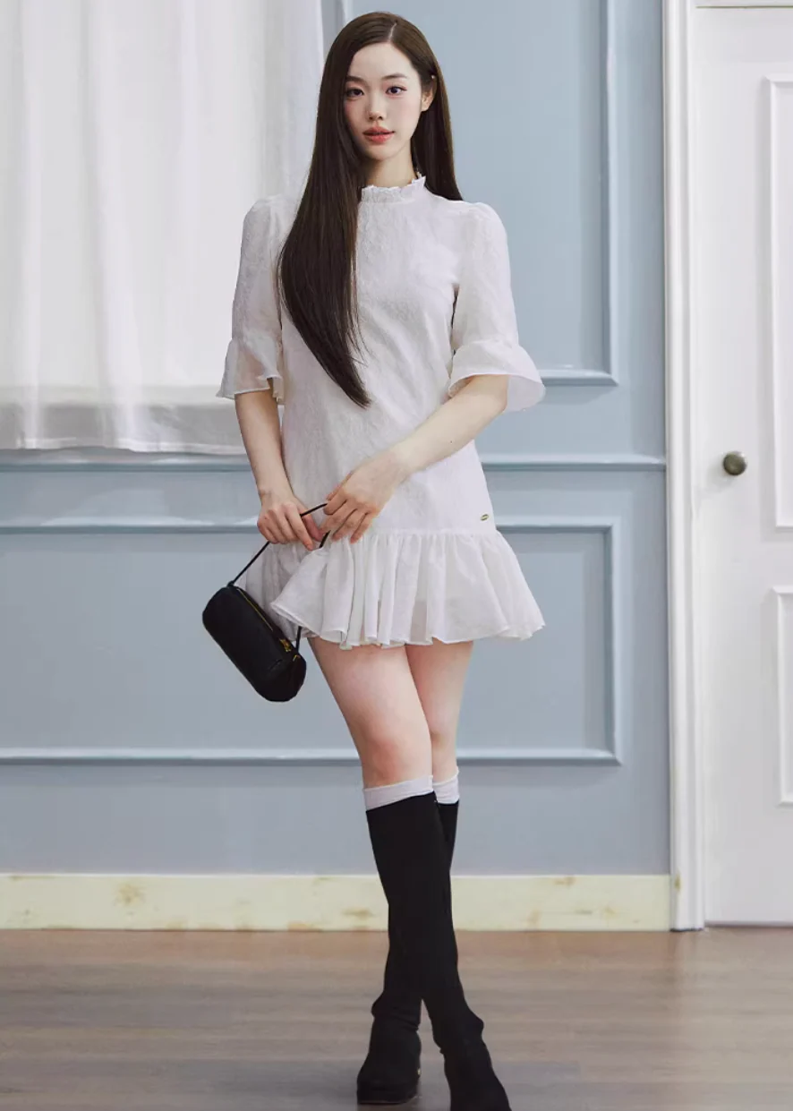White Tide Ruffle Jacquard Dress - Image 13