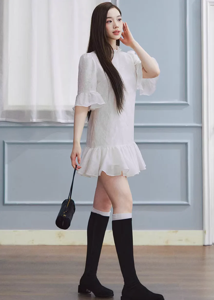 White Tide Ruffle Jacquard Dress - Image 14