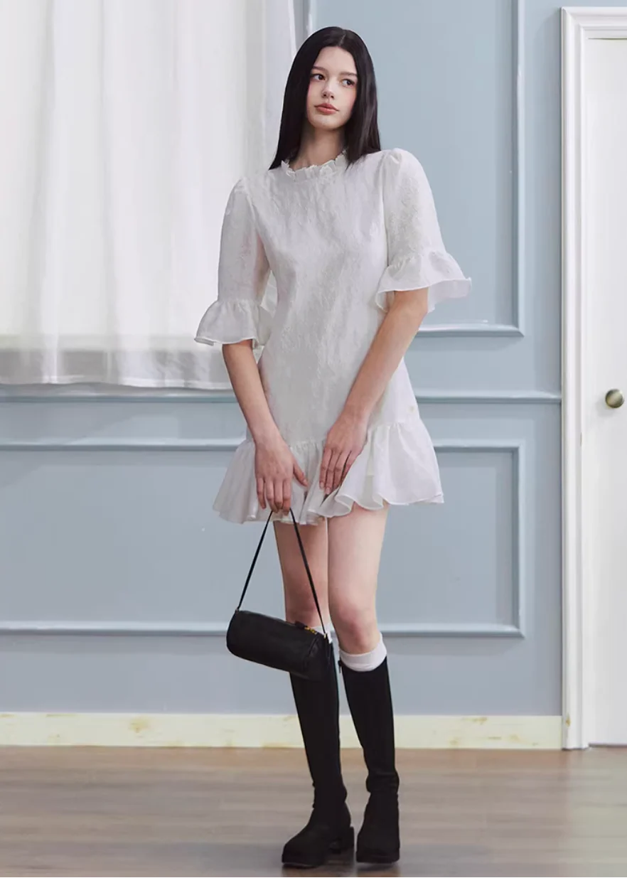 White Tide Ruffle Jacquard Dress - Image 16