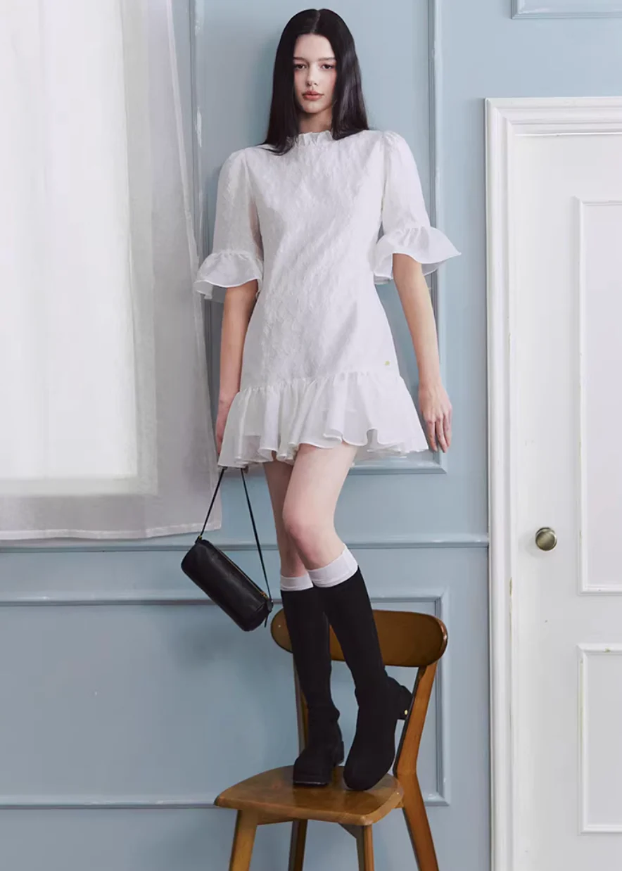 White Tide Ruffle Jacquard Dress - Image 17
