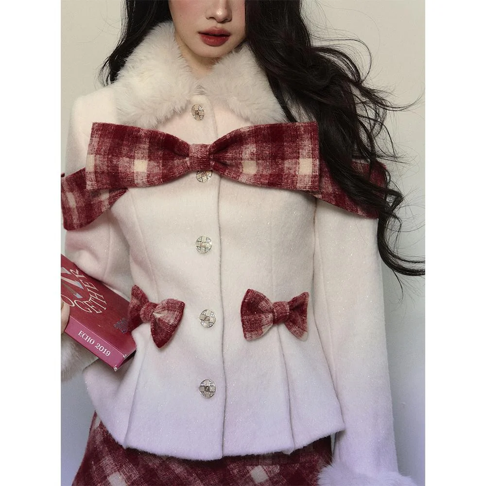 Plaid Wool Coat & Plush Skirt Set - Image 3