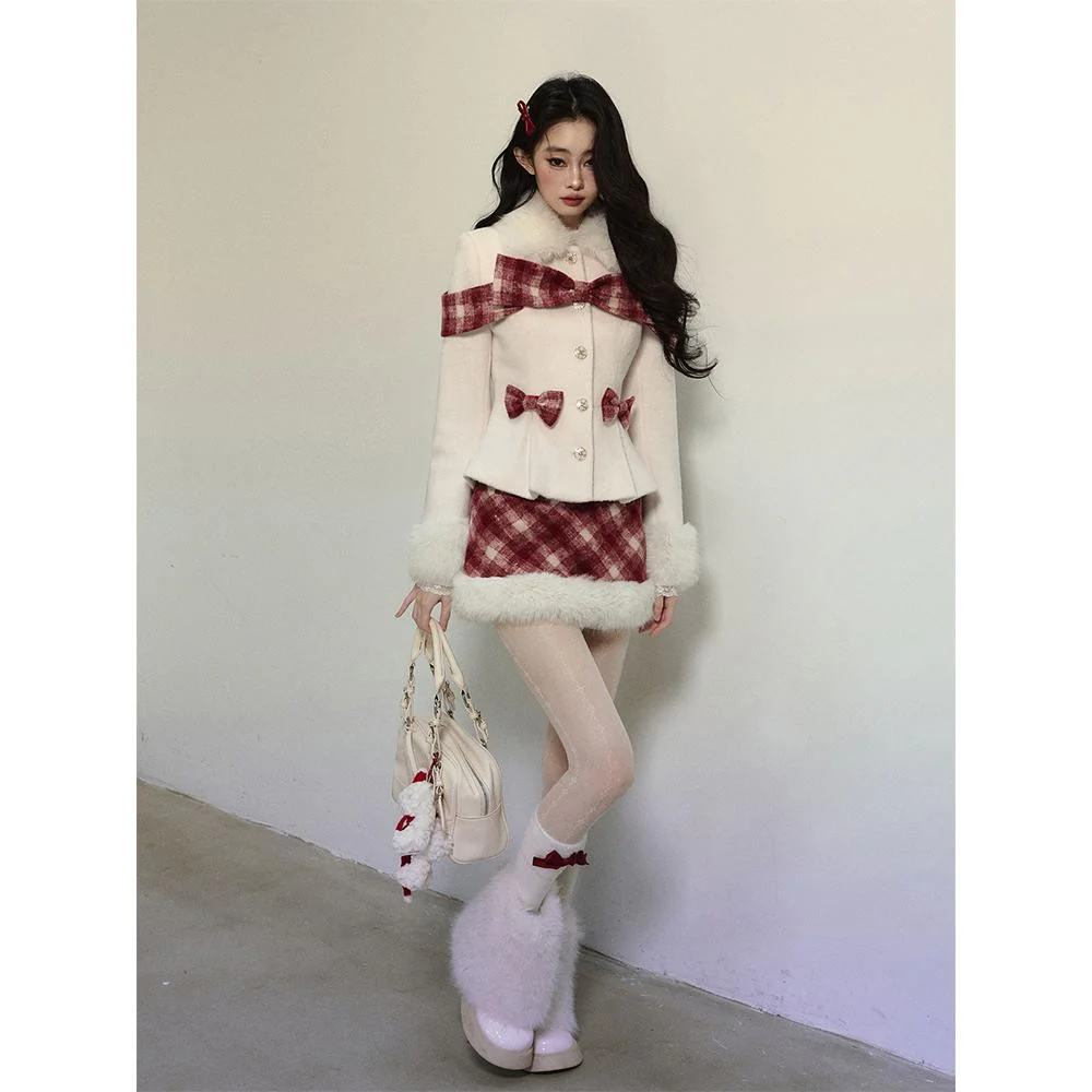 Plaid Wool Coat & Plush Skirt Set - Image 4