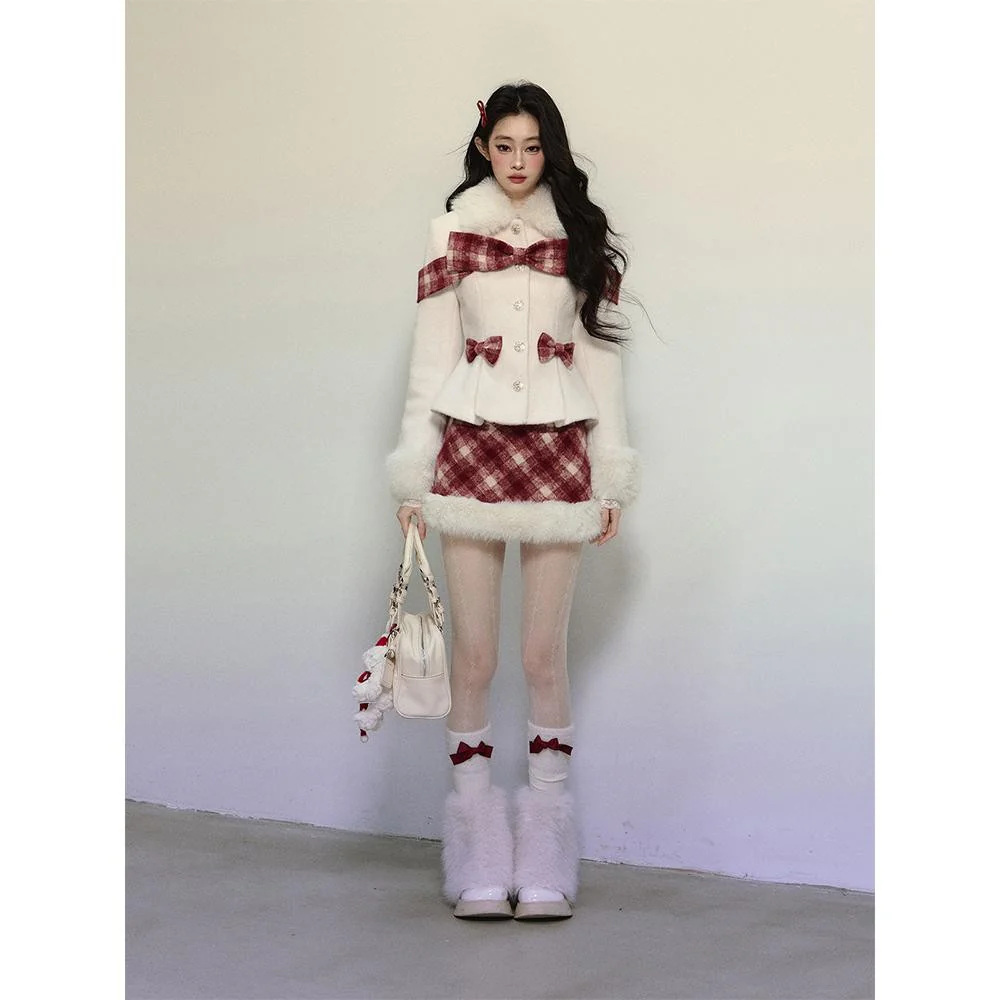 Plaid Wool Coat & Plush Skirt Set - Image 5