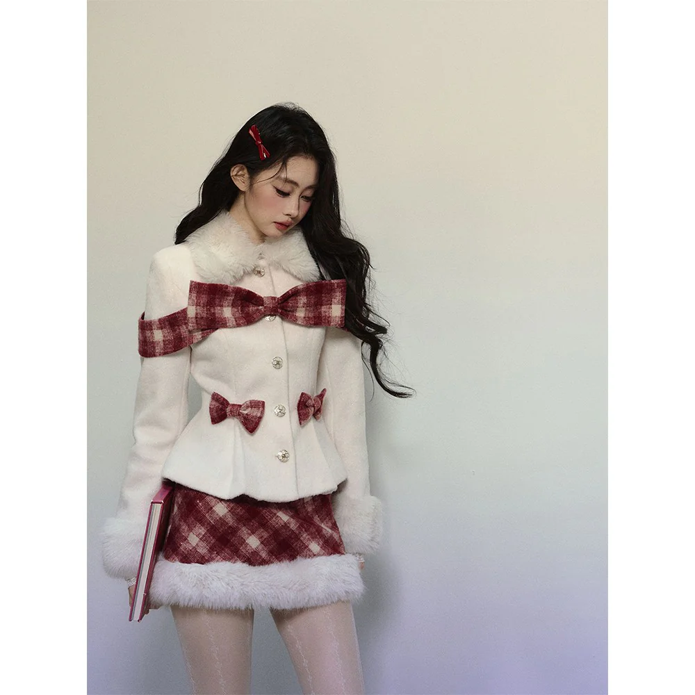 Plaid Wool Coat & Plush Skirt Set - Image 4